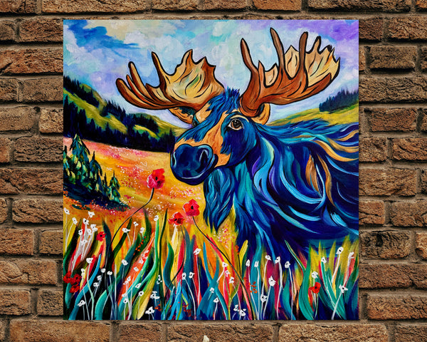 Melvin's Meadow Walk: Original moose painting on 24" x 24" gallery wrap canvas