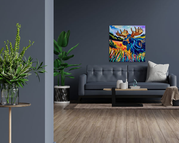 Melvin's Meadow Walk: Original moose painting on 24" x 24" gallery wrap canvas