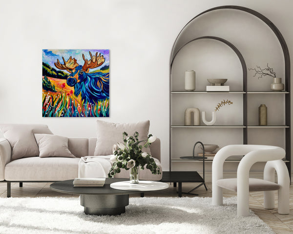 Melvin's Meadow Walk: Original moose painting on 24" x 24" gallery wrap canvas