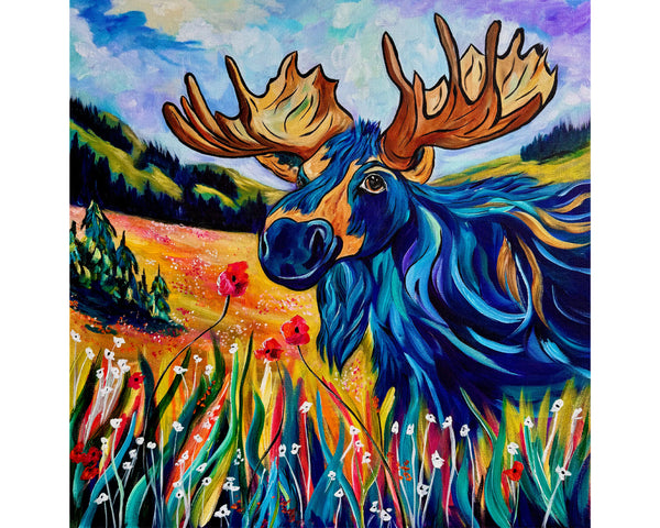 Melvin's Meadow Walk: Original moose painting on 24" x 24" gallery wrap canvas