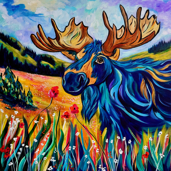 Melvin's Meadow Walk: Original moose painting on 24" x 24" gallery wrap canvas