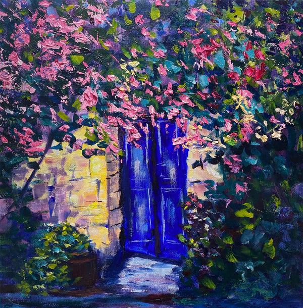 Beautiful painting of a blue door surrounded by flowers