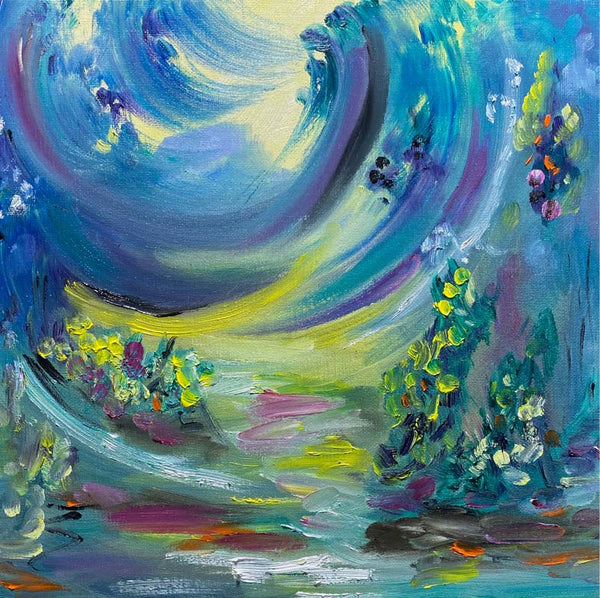 Colourful abstract impressionist oil painting of swirling vineyards