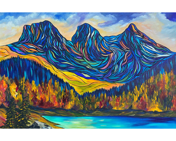 Beautiful, colourful painting of the Three Sisters Mountains in Canmore