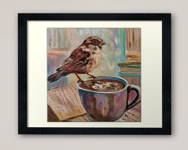 My Book Buddy | Original Acrylic House Sparrow painting | 10" x 10" Gallery Wrap Canvas