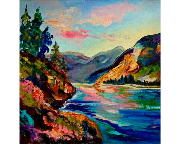 Along the Columbia River Original mountain and river painting 10" x 10" gallery wrap canvas