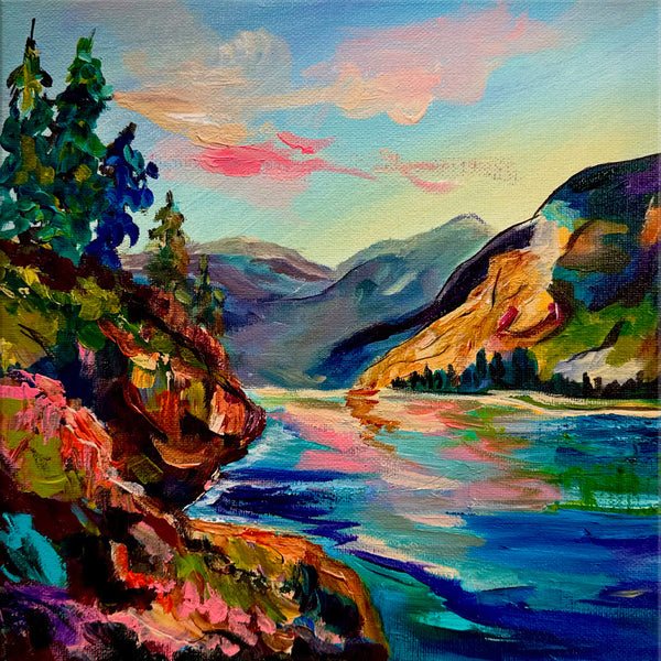 Along the Columbia River Original mountain and river painting 10" x 10" gallery wrap canvas