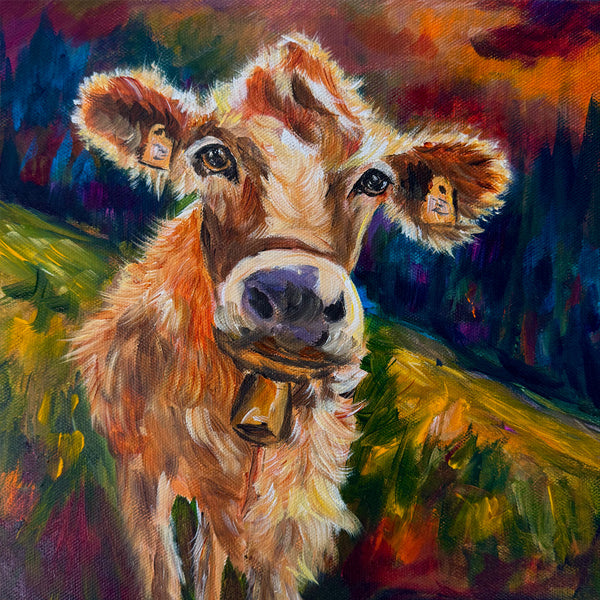 Well Hello There | Original Colourful Cow Painting