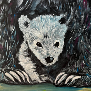 Cute little bear cub under its mama's legs for protection painting.