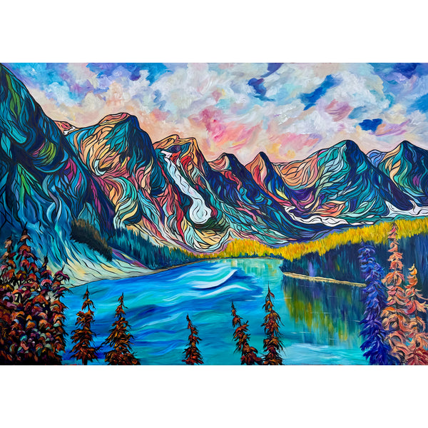 Peaks of Wonder Large original painting of Moraine Lake and the Valley of the Ten Peaks 64" x 44" on Un-Stretched Canvas Roll