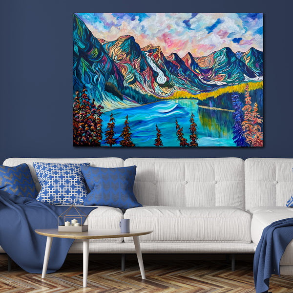 Peaks of Wonder Large original painting of Moraine Lake and the Valley of the Ten Peaks 64" x 44" on Un-Stretched Canvas Roll