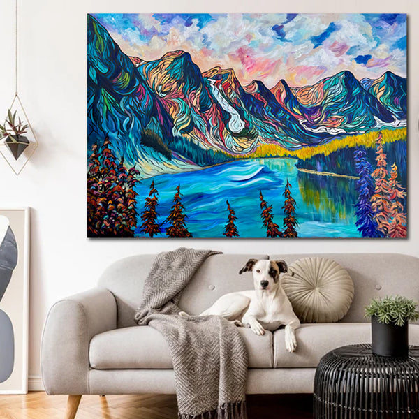 Peaks of Wonder Large original painting of Moraine Lake and the Valley of the Ten Peaks 64" x 44" on Un-Stretched Canvas Roll