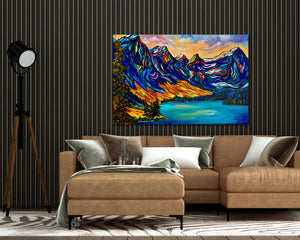 Large Original Painting of Moraine Lake and the Valley of the Ten Peaks is the perfect wall hanging for a gift and cozy home or office decor