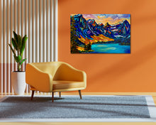 Load image into Gallery viewer, Large Original Painting of Moraine Lake and the Valley of the Ten Peaks is the perfect wall hanging for a gift and cozy home or office decor