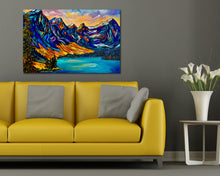 Load image into Gallery viewer, Large Original Painting of Moraine Lake and the Valley of the Ten Peaks is the perfect wall hanging for a gift and cozy home or office decor