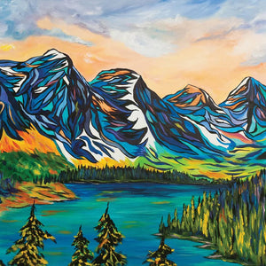 Beautiful original painting of Moraine Lake and the Valley of the Ten Peaks in Banff National Park by CharkoleDesigns
