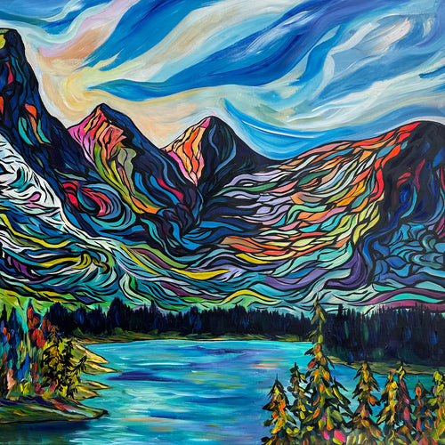 Beautiful large and colourful painting of Moraine Lake and the Valley of the Ten Peaks