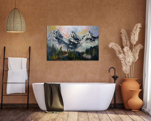 "When the Mountains Exhale" — A Quiet Morning in Fog Original Oil Painting on 24" x 36" Gallery Wrap Canvas