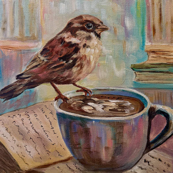 My Book Buddy | Original Acrylic House Sparrow painting | 10" x 10" Gallery Wrap Canvas