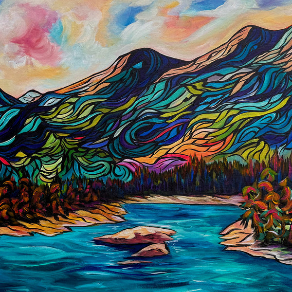 Go With the Flow in Kootenay Valley original Mountain painting on 24" x 36" gallery wrap canvas