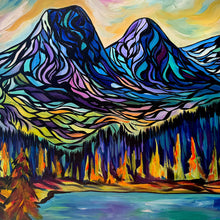 Load image into Gallery viewer, Magnificent original painting of the Three Sisters mountains in Canmore, Alberta and the Canadian Rockies.