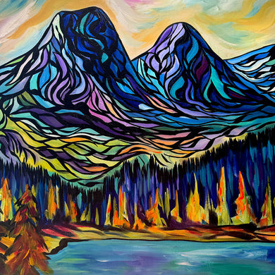 Magnificent original painting of the Three Sisters mountains in Canmore, Alberta and the Canadian Rockies.