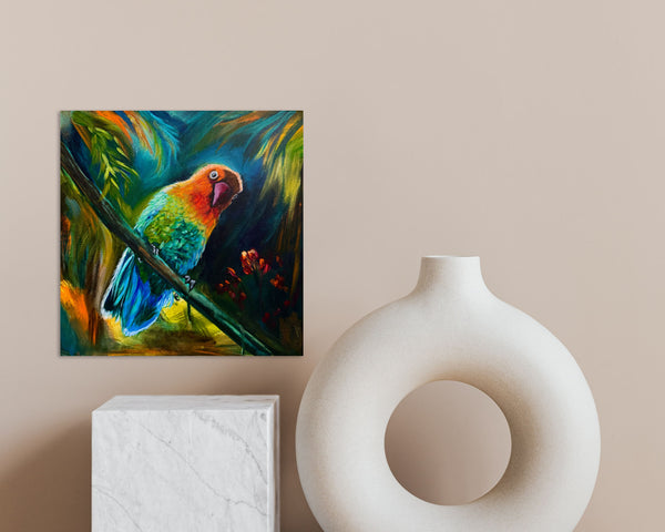 "Peek-a-boo": Colourful tropical bird original painting on 14" x 14" gallery wrap canvas