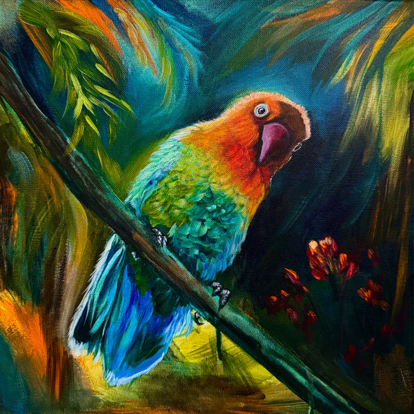 "Peek-a-boo": Colourful tropical bird original painting on 14" x 14" gallery wrap canvas