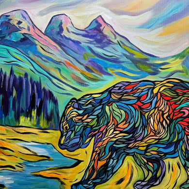 Beautiful original painting of a bear in front of the Three Sisters mountains in Canmore, just outside of Banff National Park.