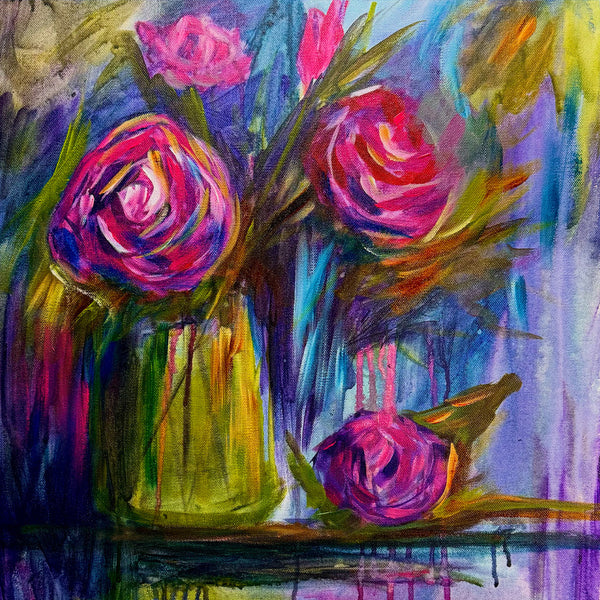 Weeping Roses original abstract with realism painting on 18" x 24" gallery wrap canvas