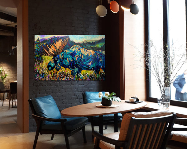 Wildflower Extravaganza original moose painting on 24" x 36" 2" gallery wrap canvas