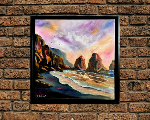 Seas Stacks of Beauty | Original Oil Painting | 10" x 10" Gallery Wrap in a floating wood frame