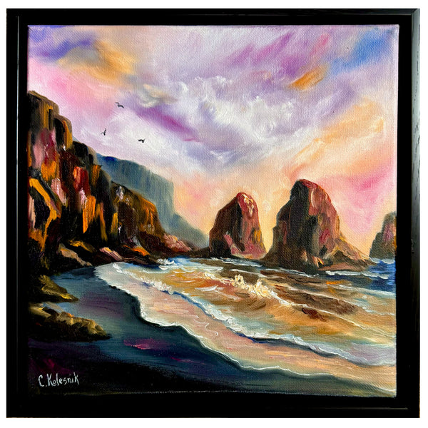 Seas Stacks of Beauty | Original Oil Painting | 10" x 10" Gallery Wrap in a floating wood frame