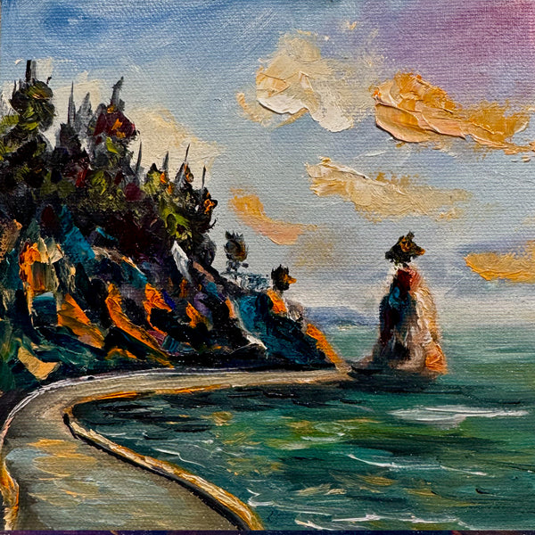 Golden Hour on the Seawall | Original Oil Painting | 6" x 6" Gallery Wrap