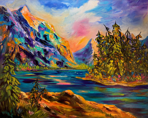 Still Waters, Sacred Ground Original Oil Painting of Spirit Island in Jasper | 24"x 30" on gallery wrap canvas