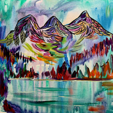 Load image into Gallery viewer, Beautiful original abstract painting of the Three Sisters mountains in Canmore, Alberta.
