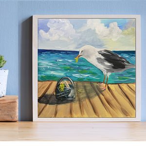 The Unexpected Lunch Guest is a handmade original acrylic painting on a 12" x 12" flat board Canvas