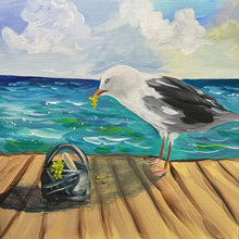 Load image into Gallery viewer, Original hand painted painting of a seagull stealing some grapes from a picnic basket