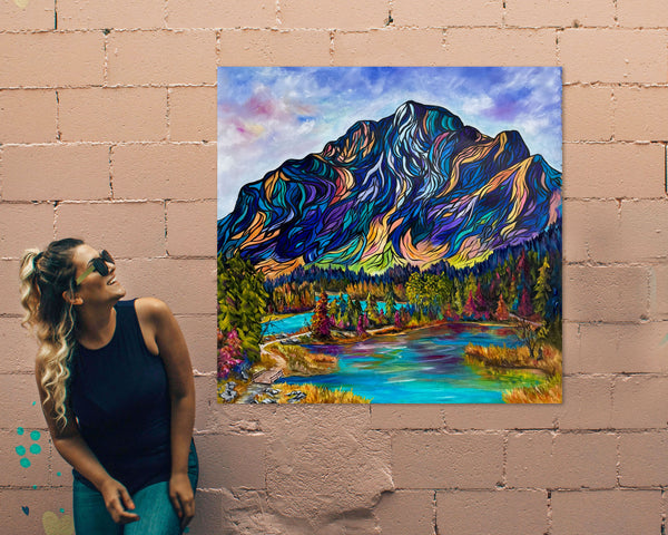Where Cascade Meets the Bow | Large original mountain painting on 36"x36"  un-stretched canvas