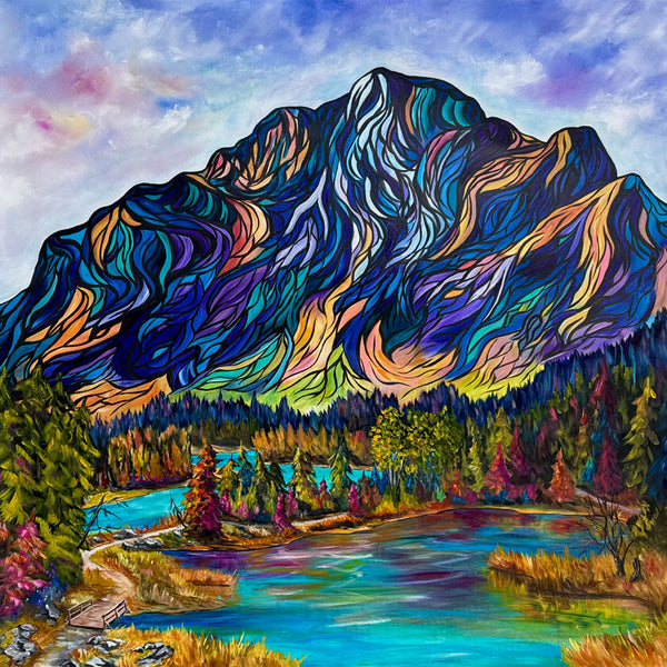 Where Cascade Meets the Bow | Large original mountain painting on 36"x36"  un-stretched canvas