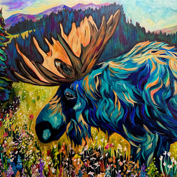 Wildflower Extravaganza original moose painting on 24" x 36" 2" gallery wrap canvas