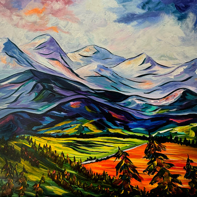 Colourful mountain painting of the Canadian Rockies and Foothills