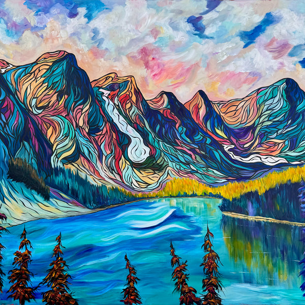 Peaks of Wonder Large original painting of Moraine Lake and the Valley of the Ten Peaks 64" x 44" on Un-Stretched Canvas Roll