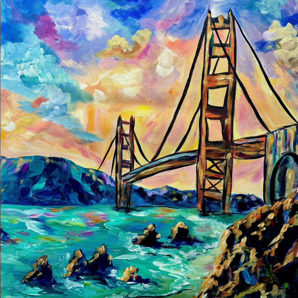 Colourful expressionist painting of the Golden Gate bride and colourful water below.