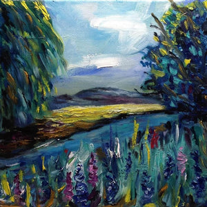 Colourful oil painting of willow trees, mountains, fields and flowers