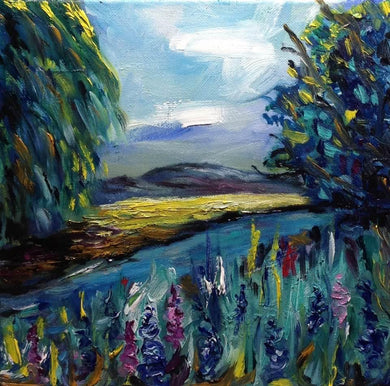 Colourful oil painting of willow trees, mountains, fields and flowers