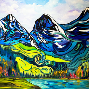 Colourful painting of the Three Sisters mountains in Canmore, Alberta