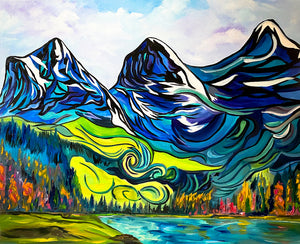 Colourful painting of the Three Sisters mountains in Canmore, Alberta