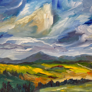 Big brush strokes of oil showing big skies, rolling hills and mountains of Souther Alberta