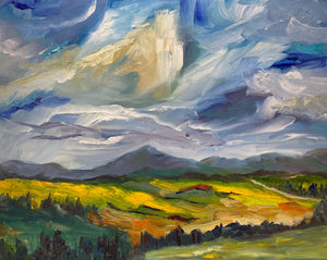 Big brush strokes of oil showing big skies, rolling hills and mountains of Souther Alberta